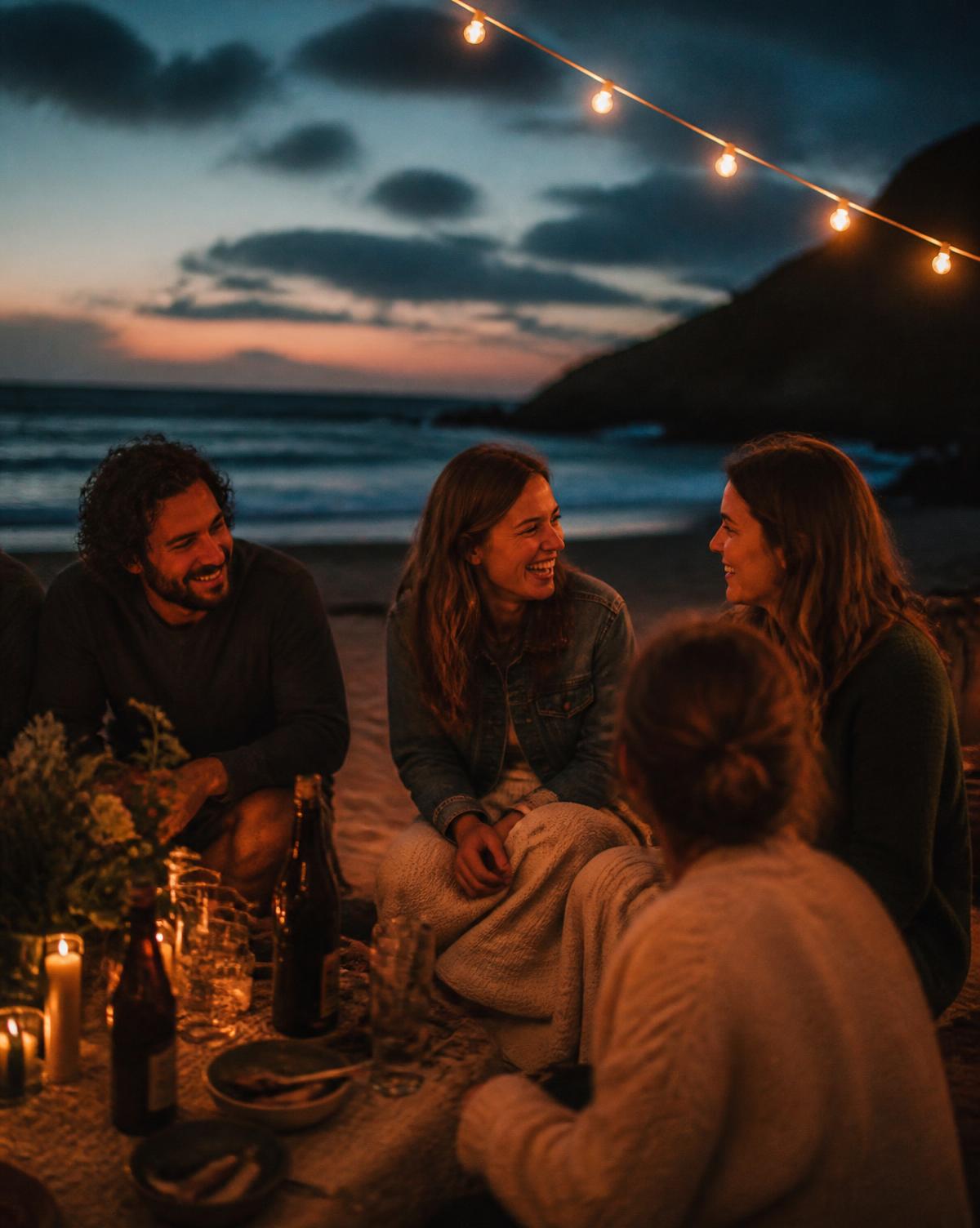 Encuentro íntimo al atardecer en la playa, personas conversando alrededor de una mesa baja con luces cálidas