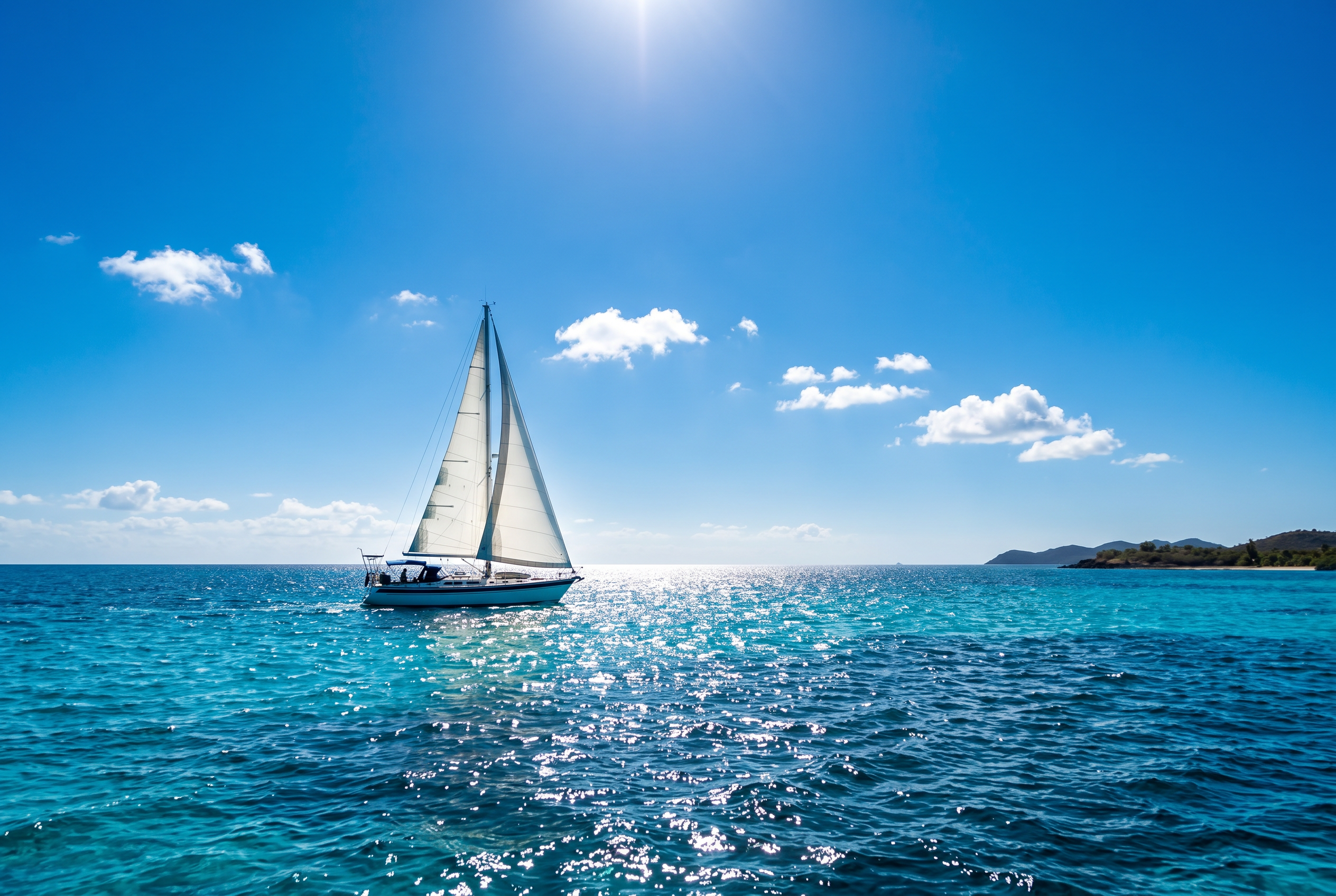 Velero navegando sobre el mar Caribe turquesa y brillante a pleno mediodía, bajo un cielo azul despejado